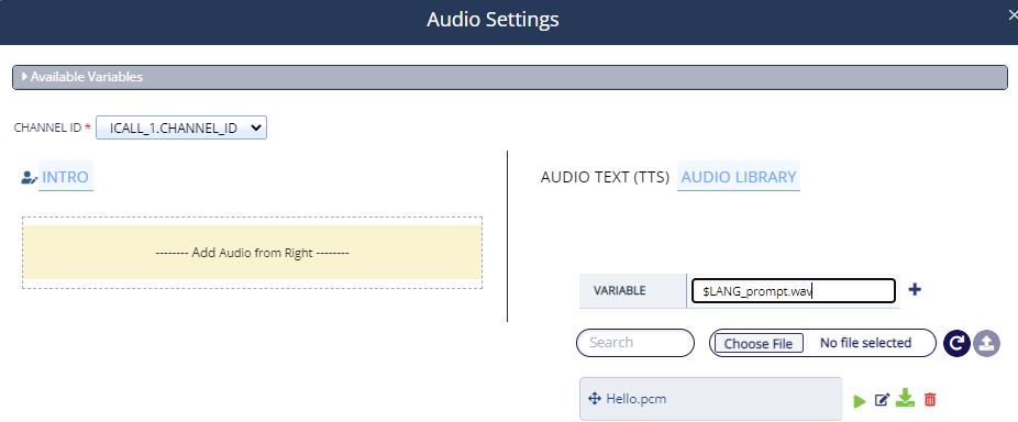 A sample Audio Settings pop-up with the Audio Library option selected and a sample value in the Variable field